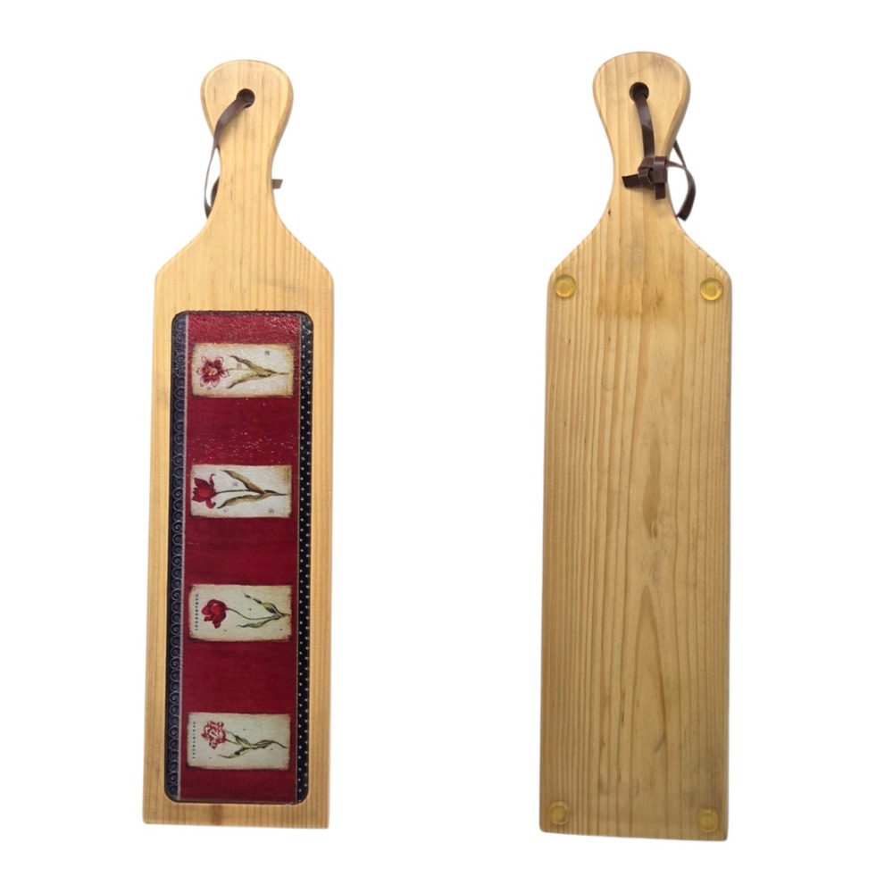 Wooden Cheese Cutting Board Red Glass Top Floral Design Hanging Leather Loop